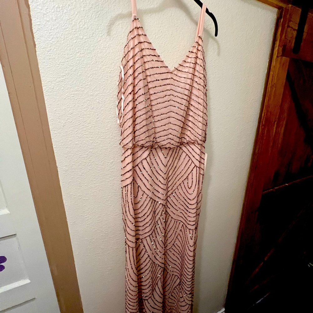 Adrianna Papell ART DECO BEADED BLOUSON GOWN IN BLUSH